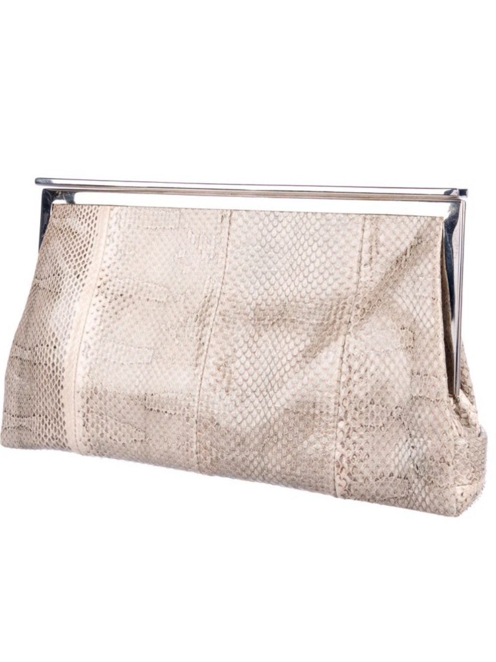 Marni Snakeskin Metal Frame Clutch. Crème / beige combo.